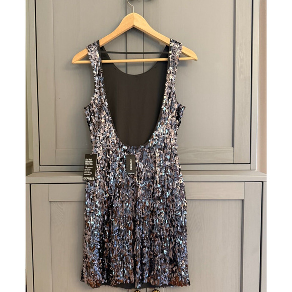 NWT Express Sequin Mini Dress XS ~ Black Silver Iridescent Party Glam Sparkle - Picture 7 of 12